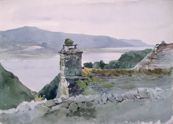 En kuperad vik, sett från en vägg över ett tak, 1800-talet (akvarell)